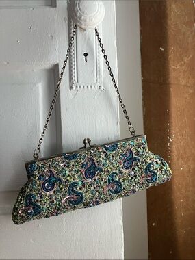 Vintage Beaded Paisley clutch with strap — Blue, Pink, Green